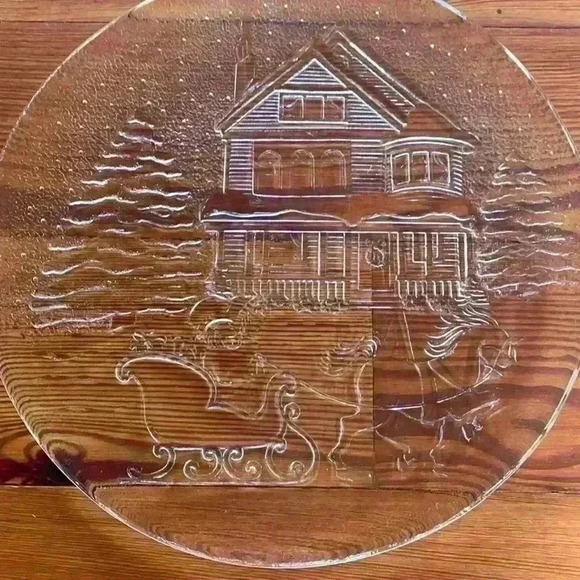 Libby Christmas Winter Sleigh Ride Scene Serving Platter/Clear Glass - Picture 4 of 8